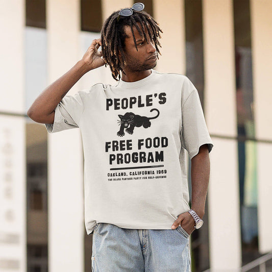Man wearing People's Free Food Program oversized tee