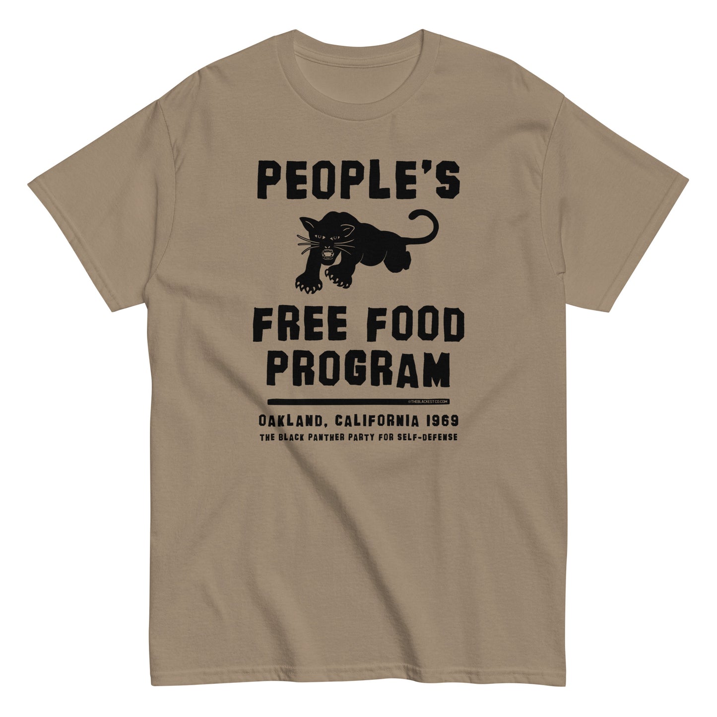People's Free Food Program Staple T-Shirt by TheBlackest Co. in tan. Features bold black text and a panther graphic, honoring Black Panther Party history.