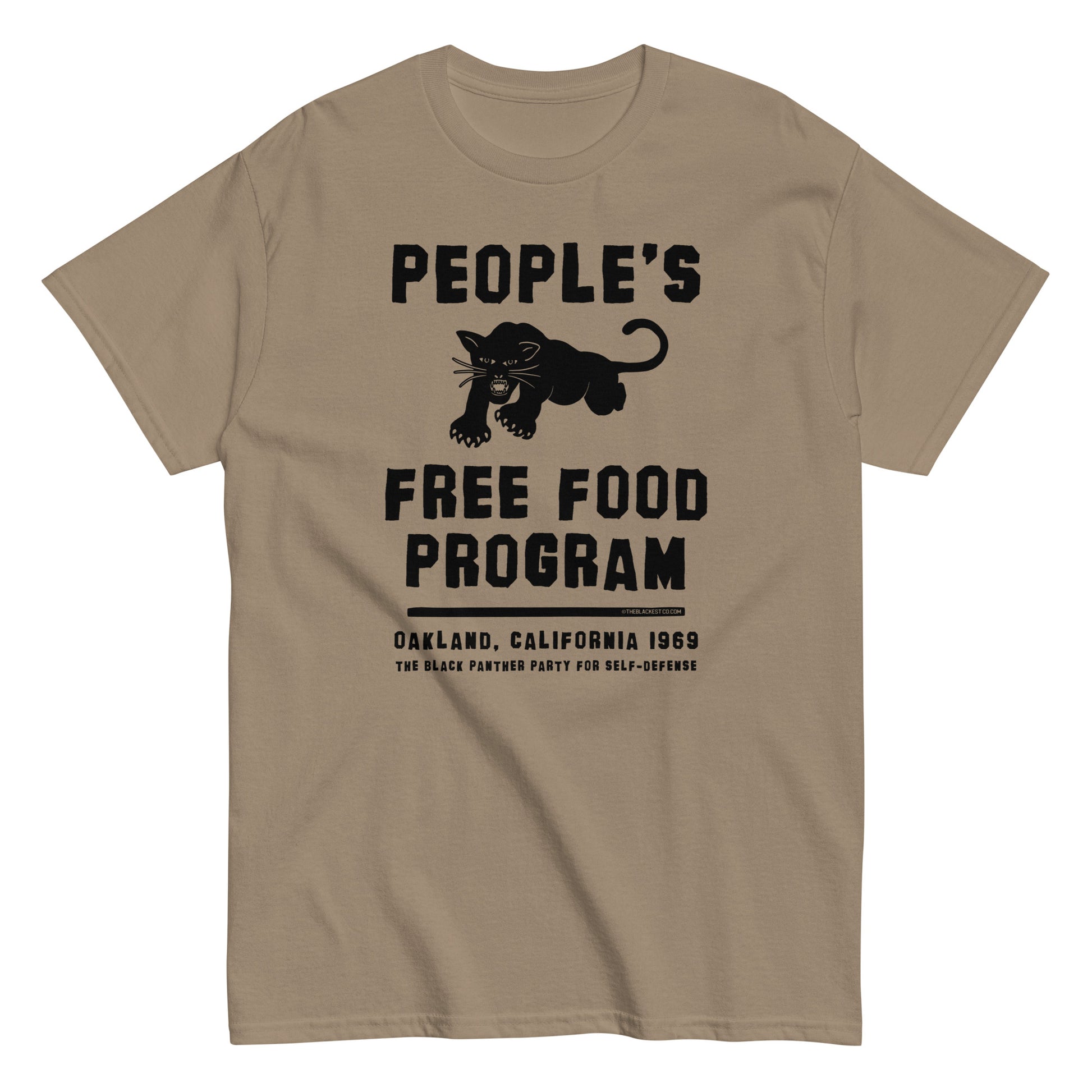 People's Free Food Program Staple T-Shirt by TheBlackest Co. in tan. Features bold black text and a panther graphic, honoring Black Panther Party history.