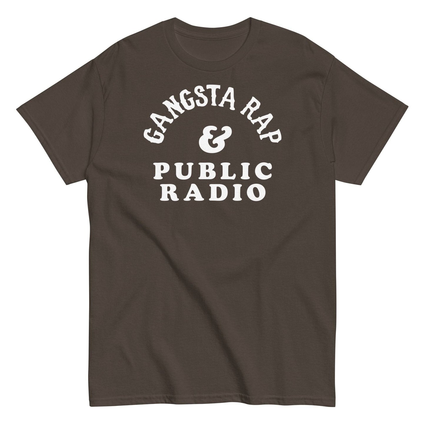 a brown t - shirt with the words gansta rap and public radio on it