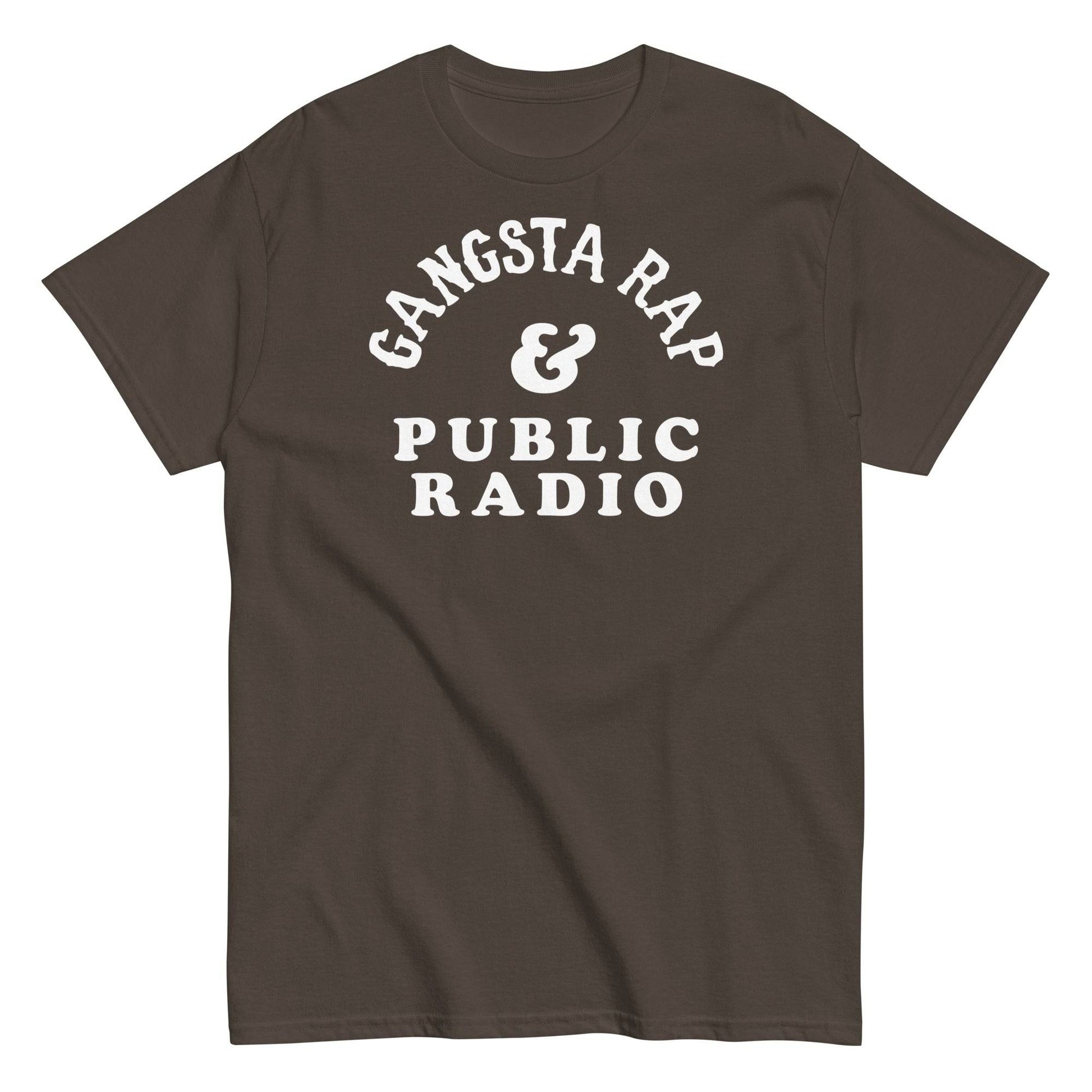 a brown t - shirt with the words gansta rap and public radio on it