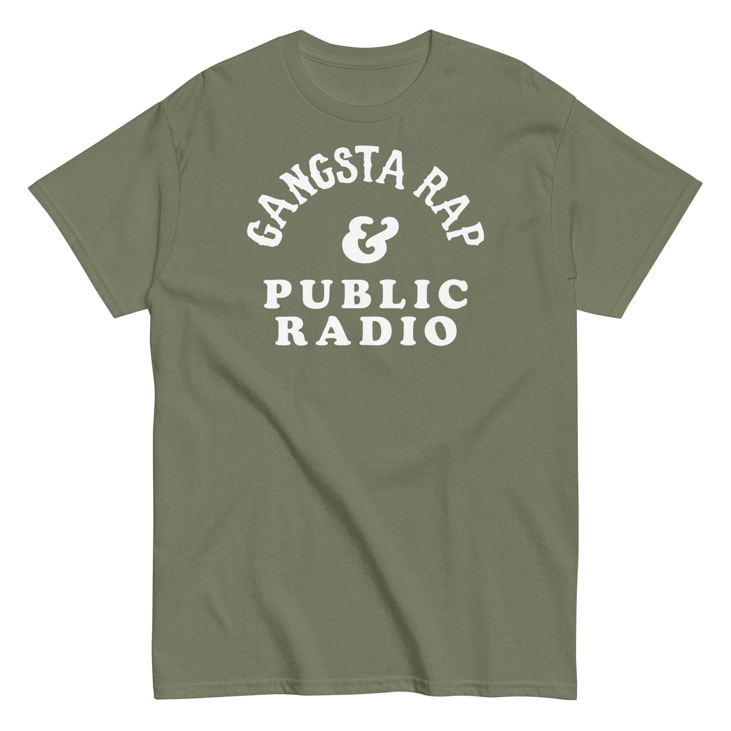 a green t - shirt with the words gangsta rap and public radio on it