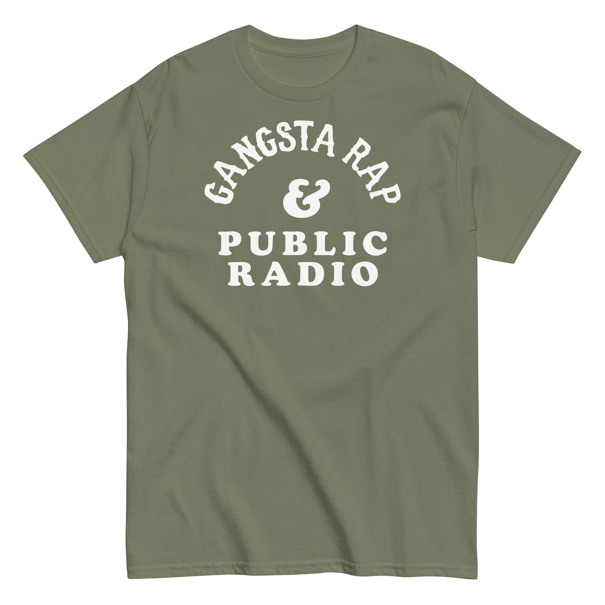 a green t - shirt with the words gangsta rap and public radio on it