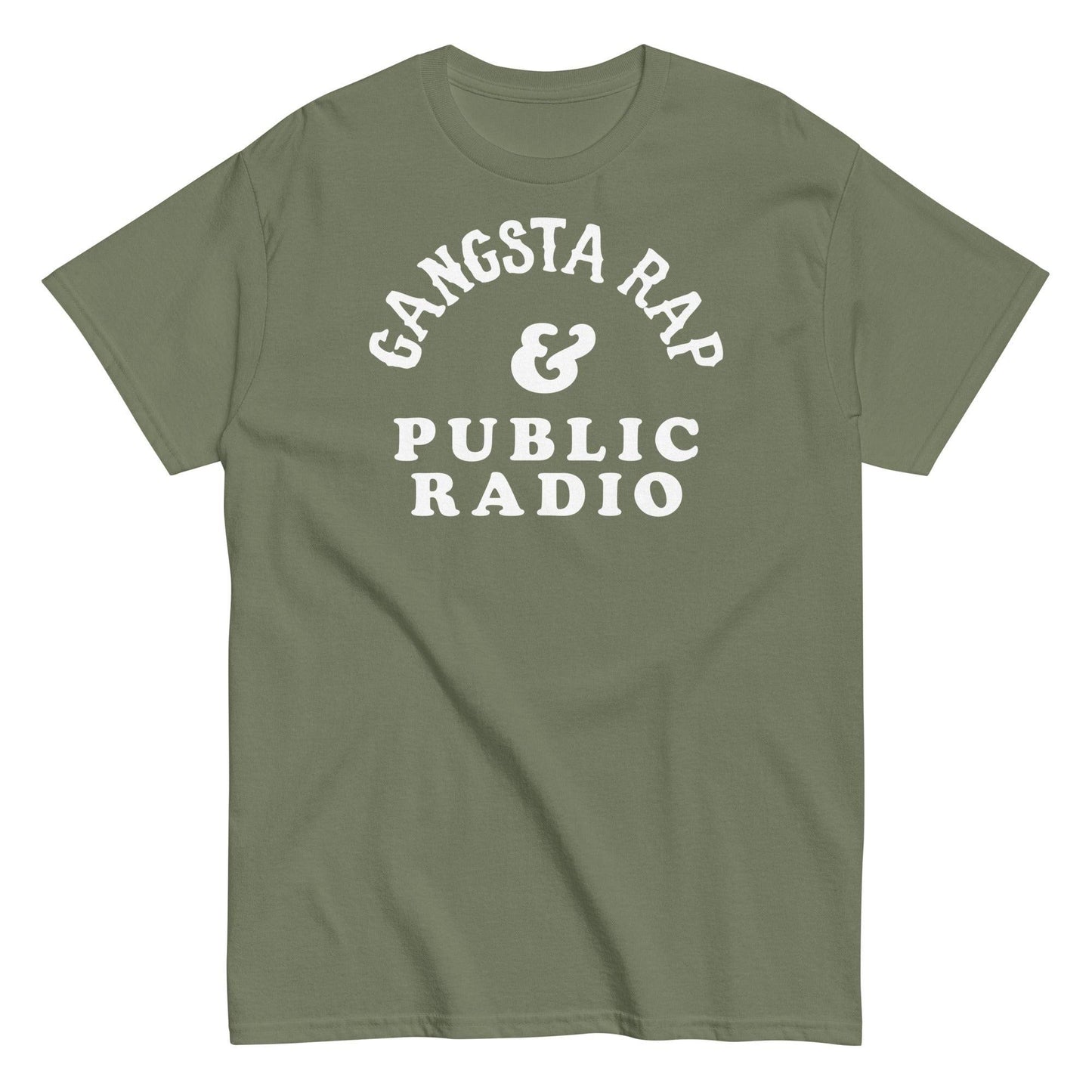 a green t - shirt with the words gangsta rap and public radio on it