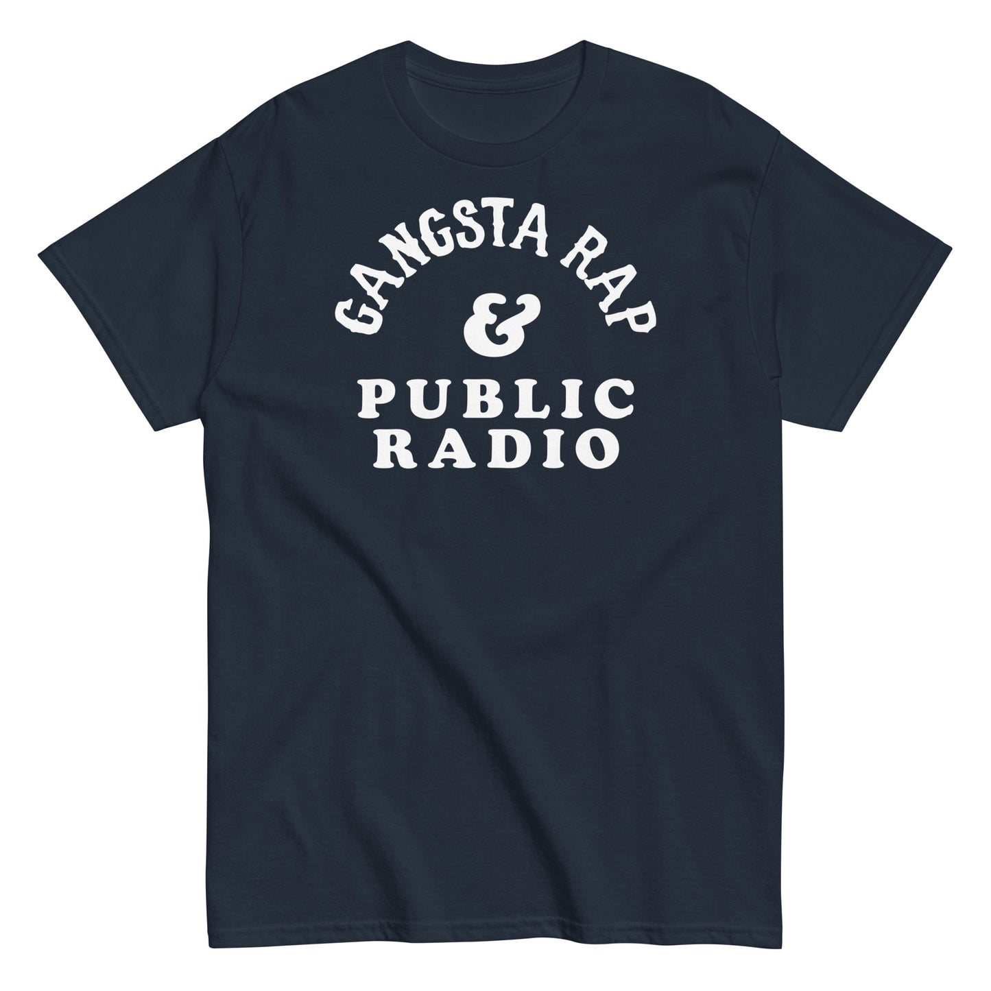 a navy t - shirt with the words gansta rap and public radio on it