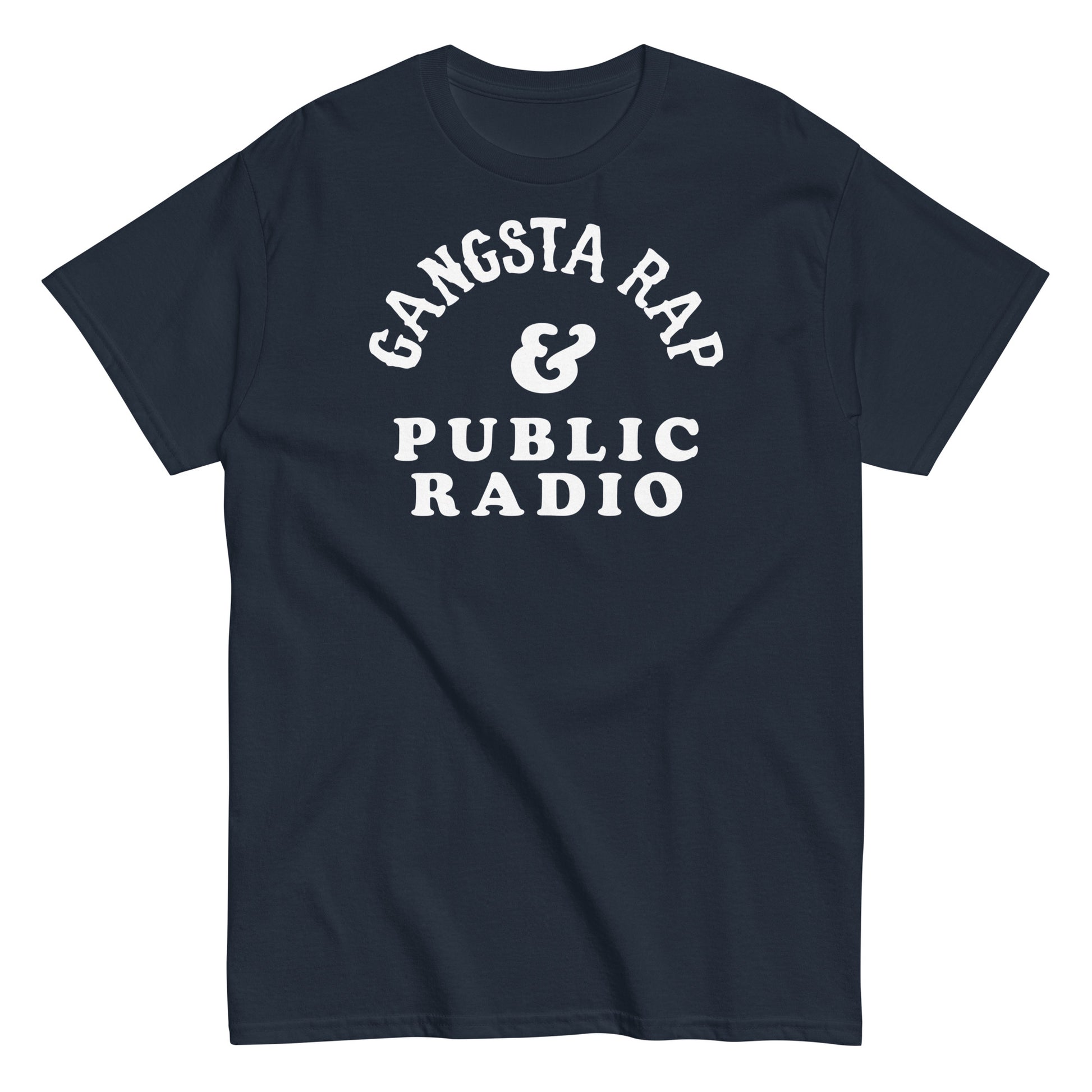 a navy t - shirt with the words gansta rap and public radio on it
