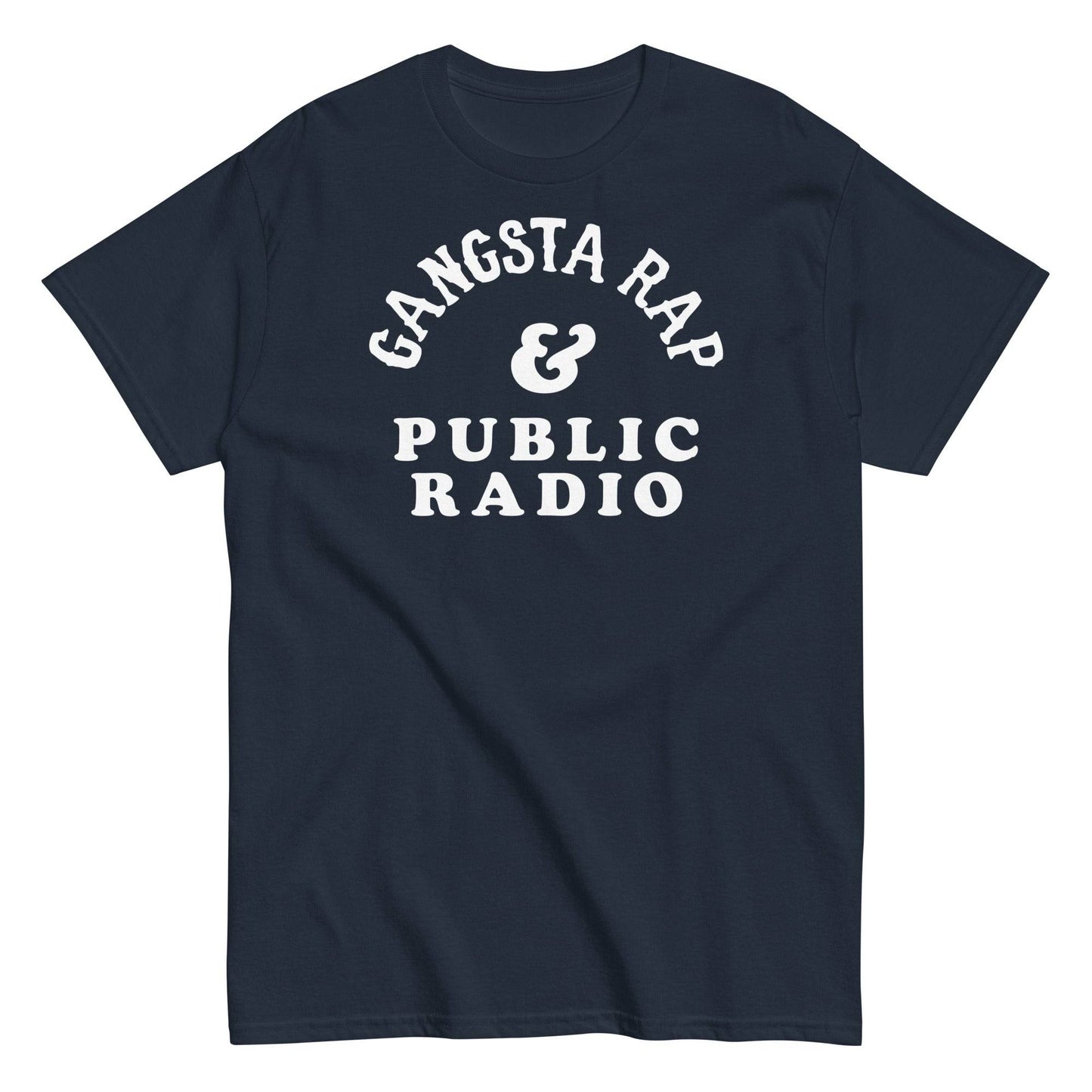 a navy t - shirt with the words gansta rap and public radio on it