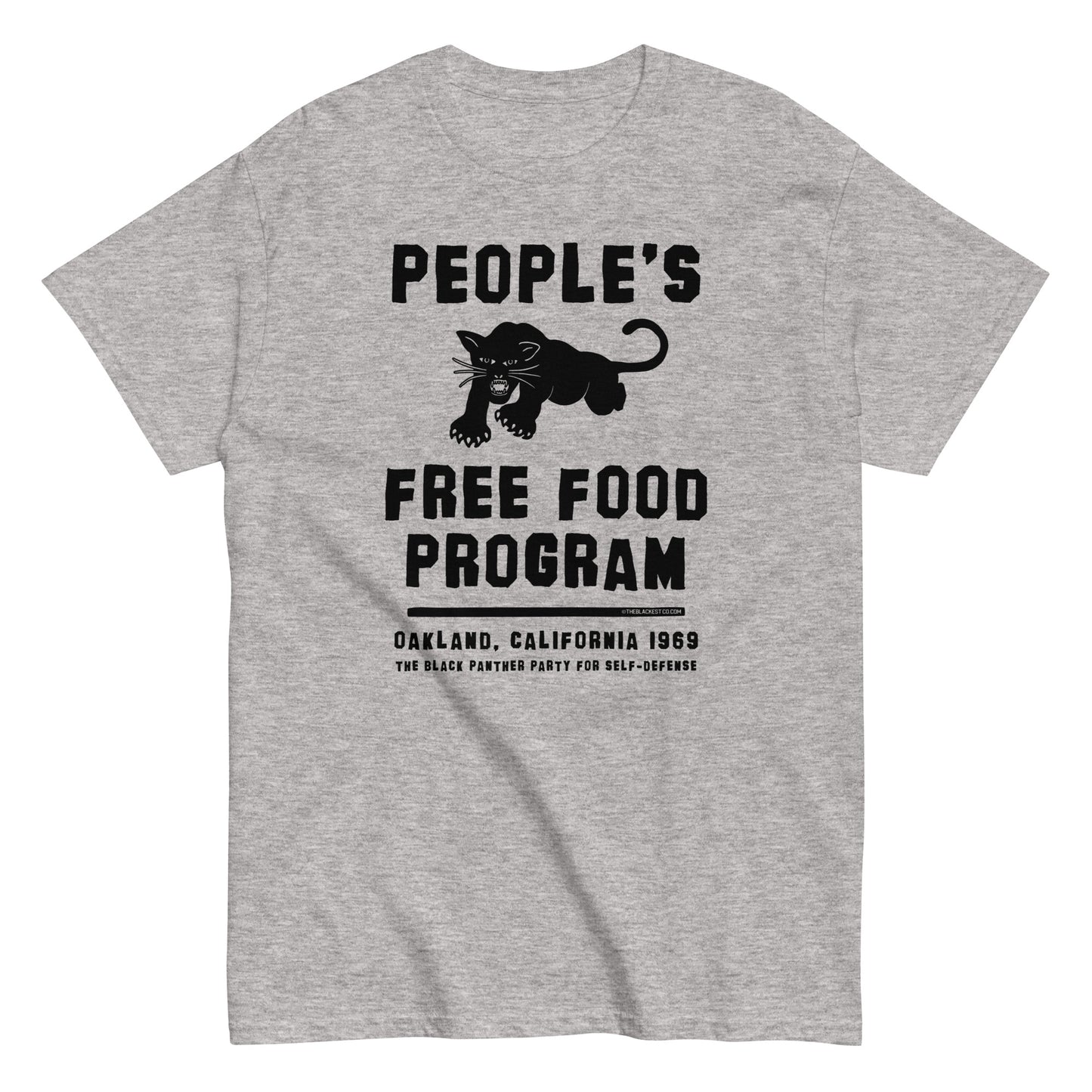People's Free Food Program Staple T-Shirt by TheBlackest Co. in heather gray. Features bold black text and a panther graphic, honoring the Black Panther Party's free food initiative.