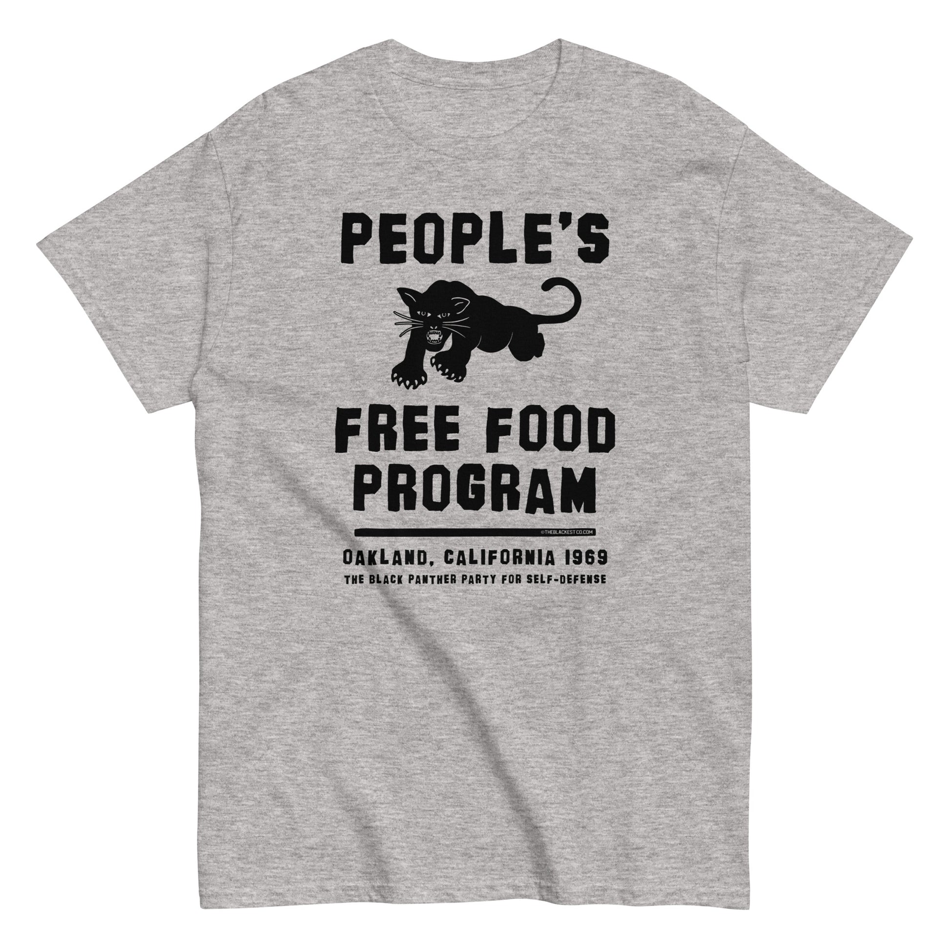 People's Free Food Program Staple T-Shirt by TheBlackest Co. in heather gray. Features bold black text and a panther graphic, honoring the Black Panther Party's free food initiative.