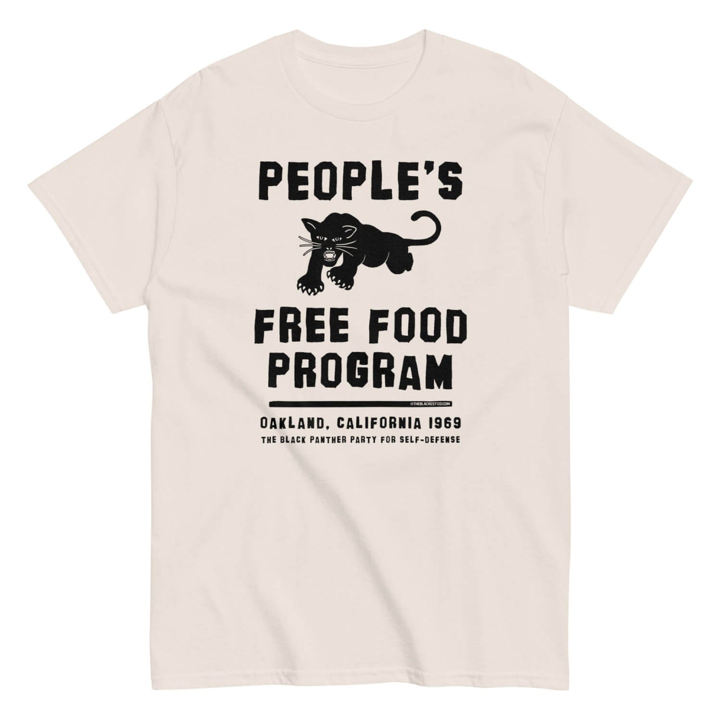beige color t shirt with peoples free food program and Black panther logo on front