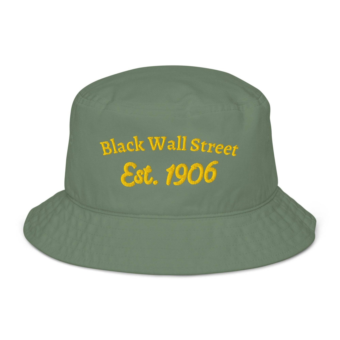 Green Black Wall Street 1906 Premium Organic Bucket Hat featuring gold embroidered text, made from breathable cotton twill.