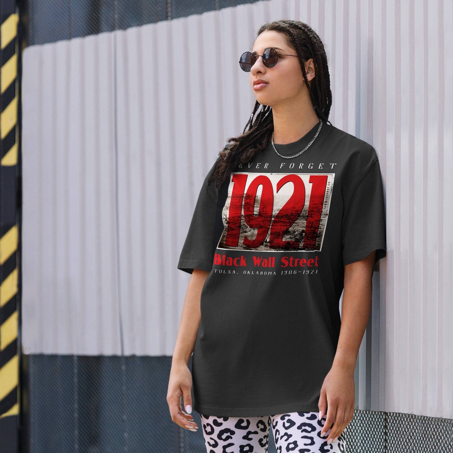 Woman in Black Wall Street 1921 oversized t-shirt outdoors
