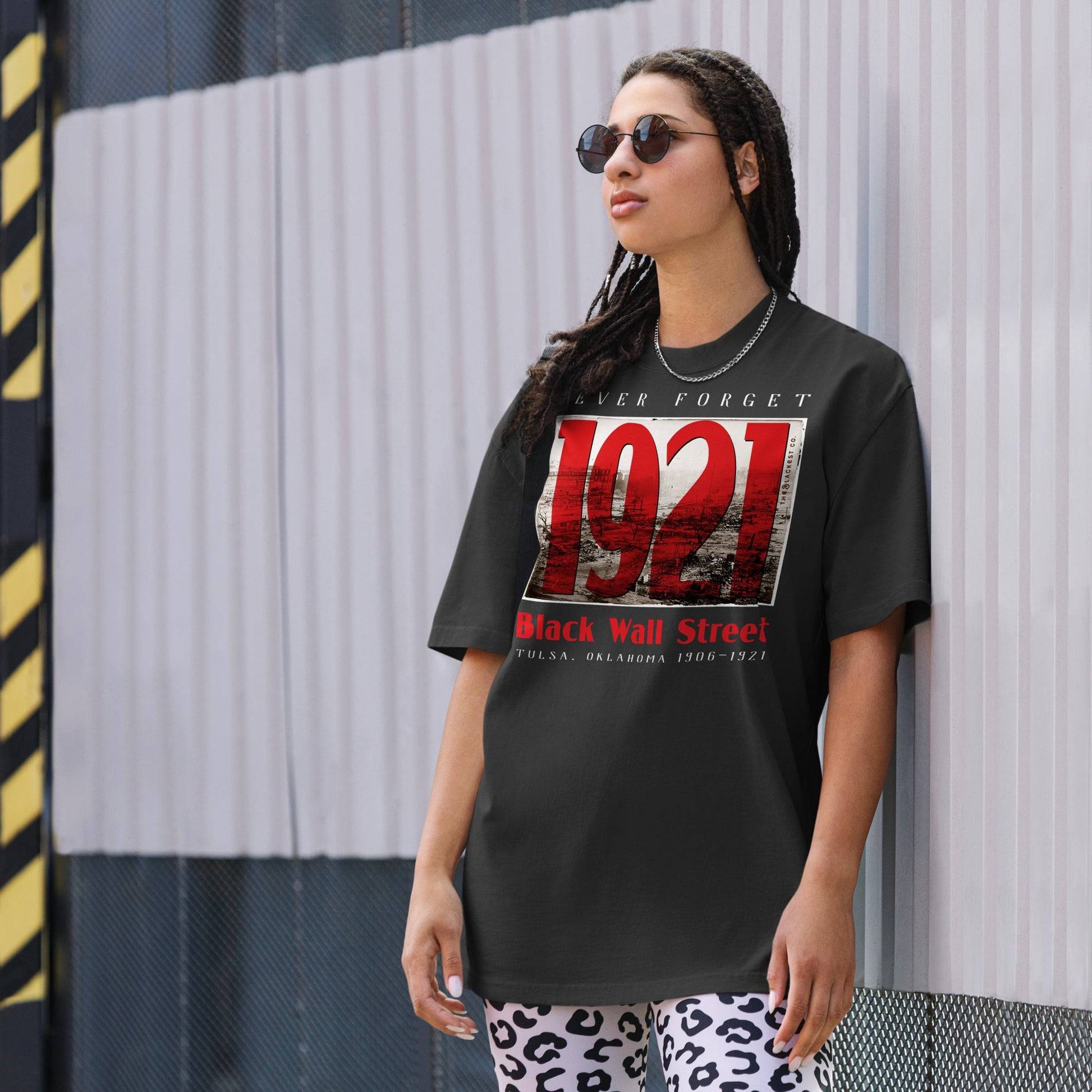 Woman in Black Wall Street 1921 oversized t-shirt outdoors