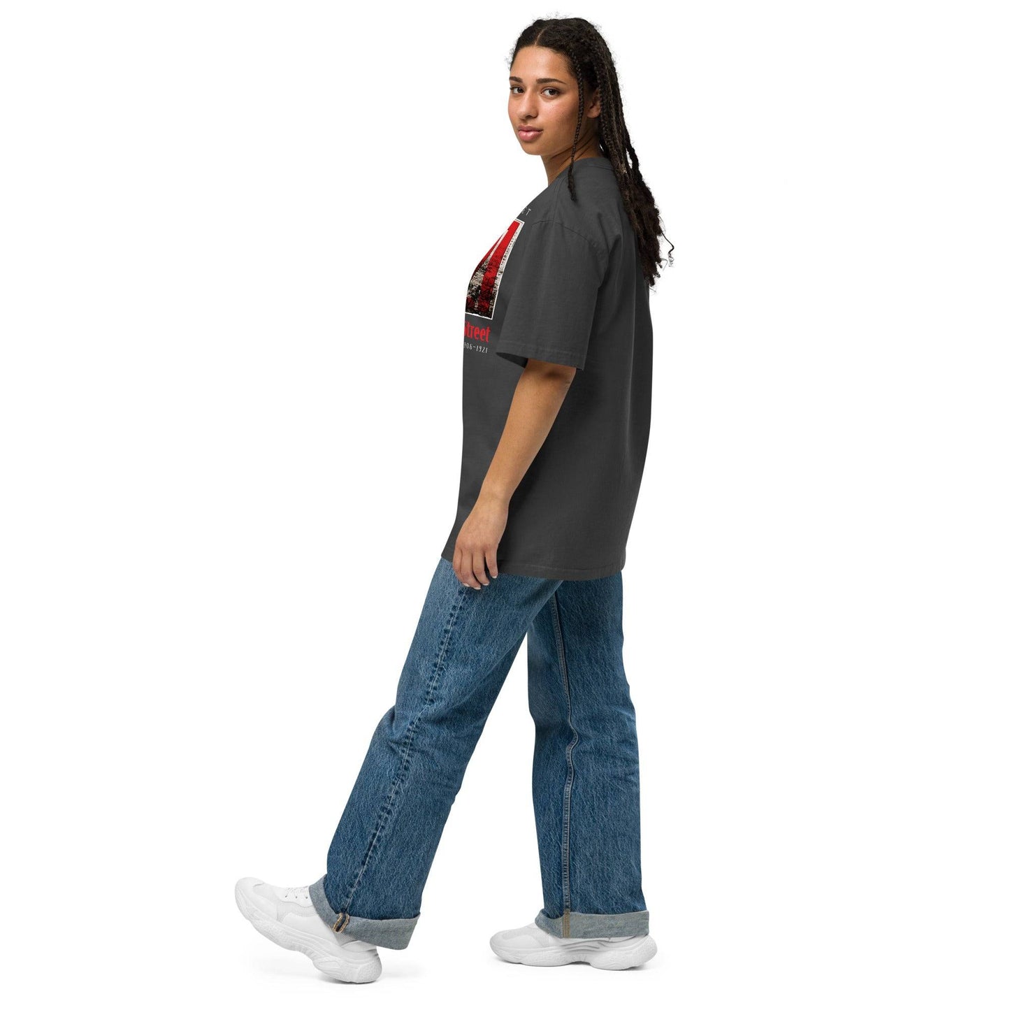 Side view of Black Wall Street 1921 oversized t-shirt