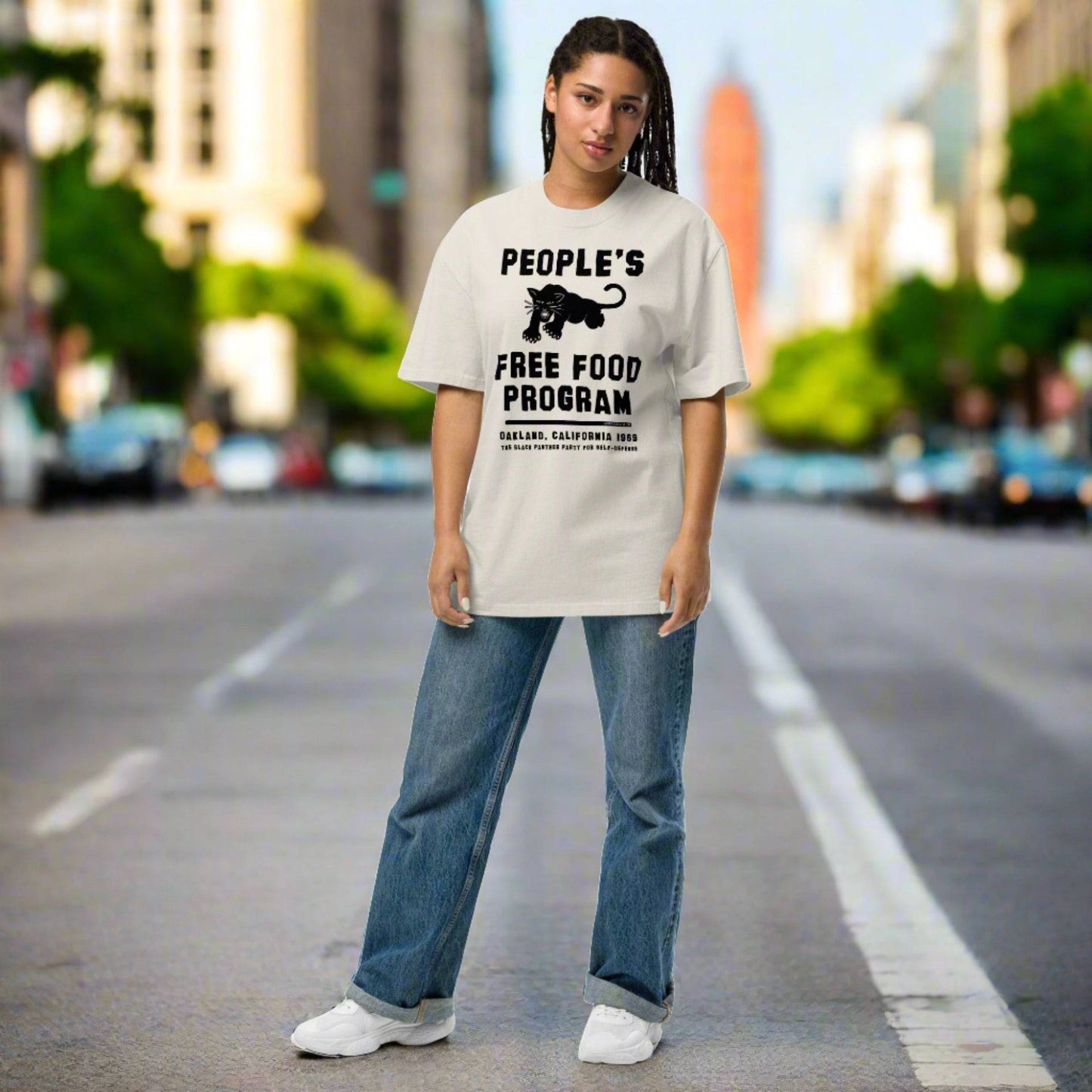 Woman in People's Free Food Program oversized tee