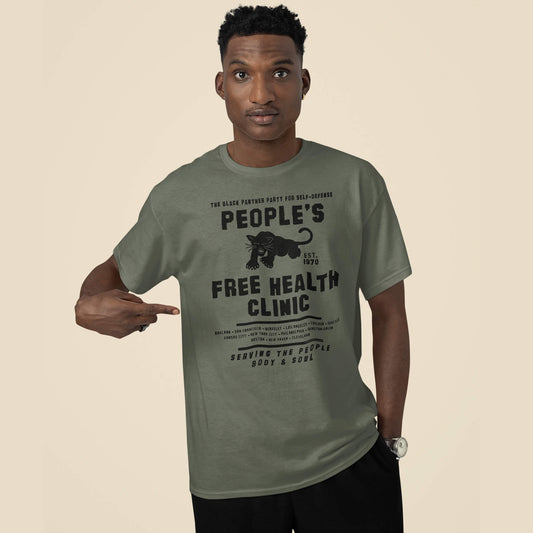 Model wearing green People's Free Health Clinic Black Panthers T-Shirt