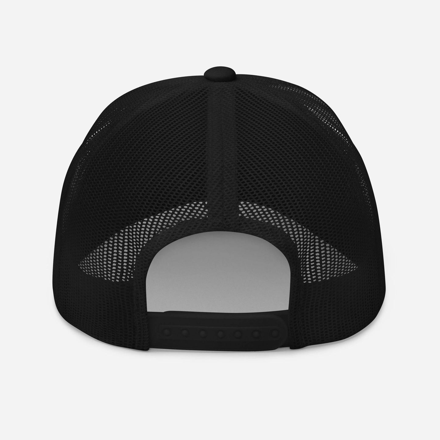 Back view of black mesh Black Power Fist trucker cap