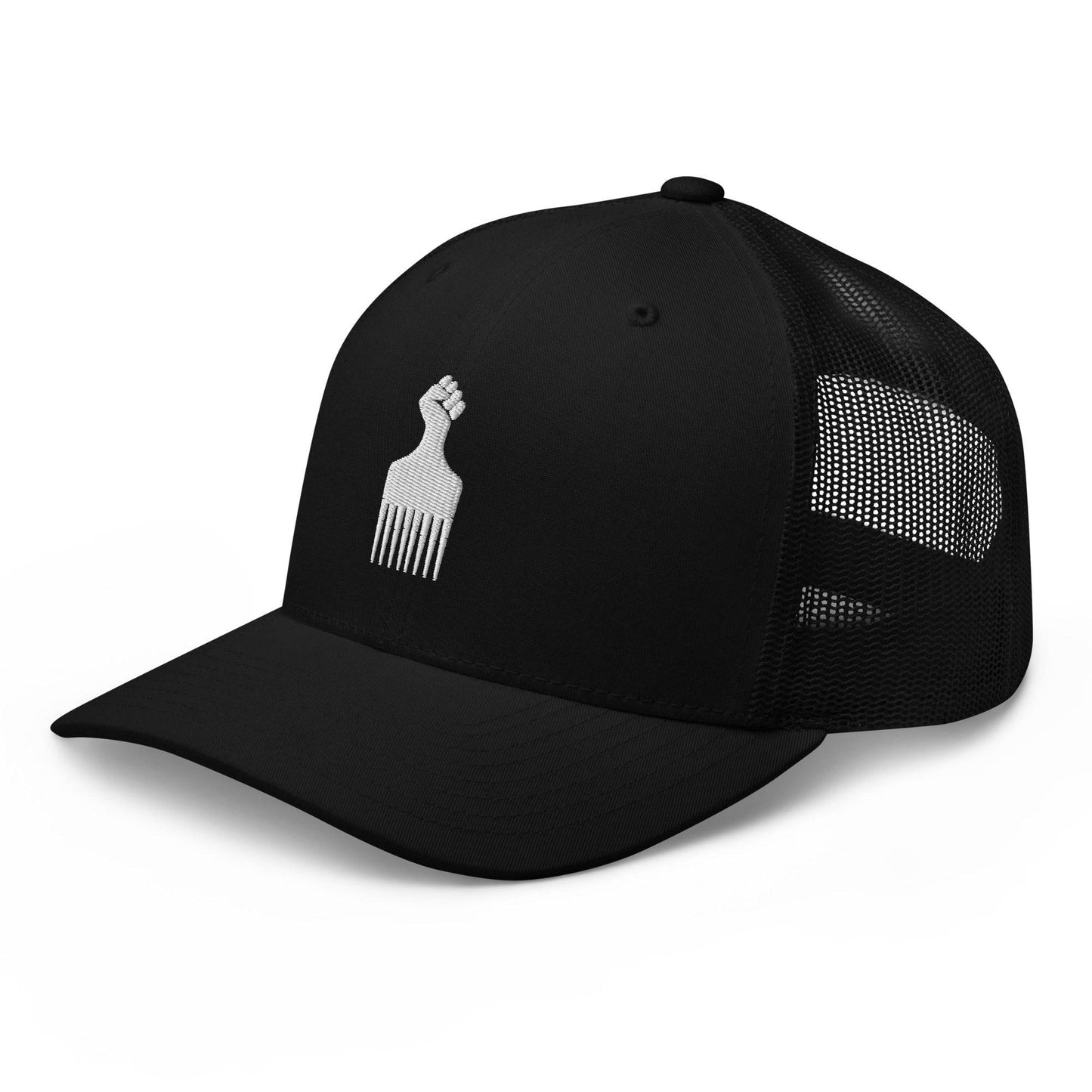 Side view of Black Power Fist Retro Trucker Cap with black mesh