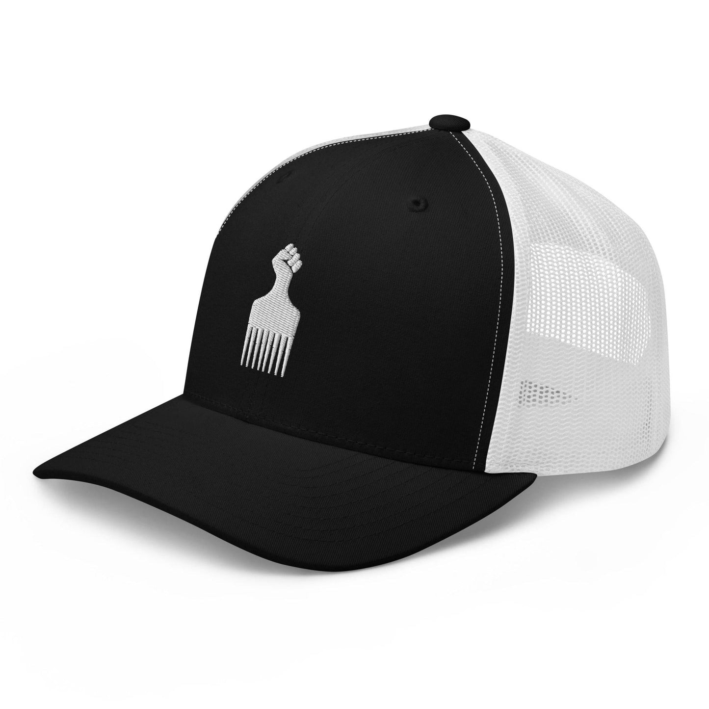 Side view of Black Power Fist Retro Trucker Cap with white mesh