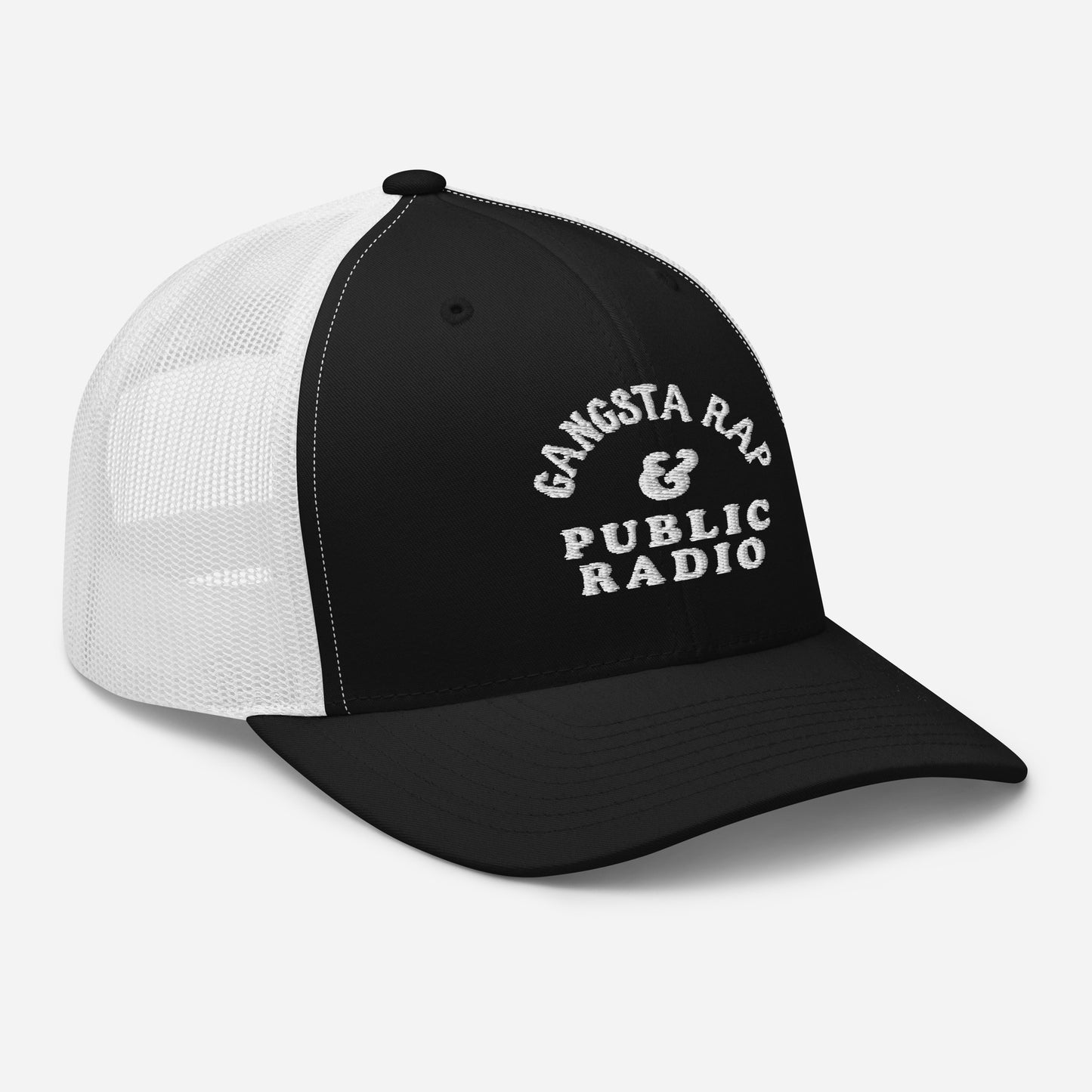 Angled front view of Gangsta Rap & Public Radio Retro Trucker Cap - TheBlackest Co., showcasing structured black front panel and white mesh back.