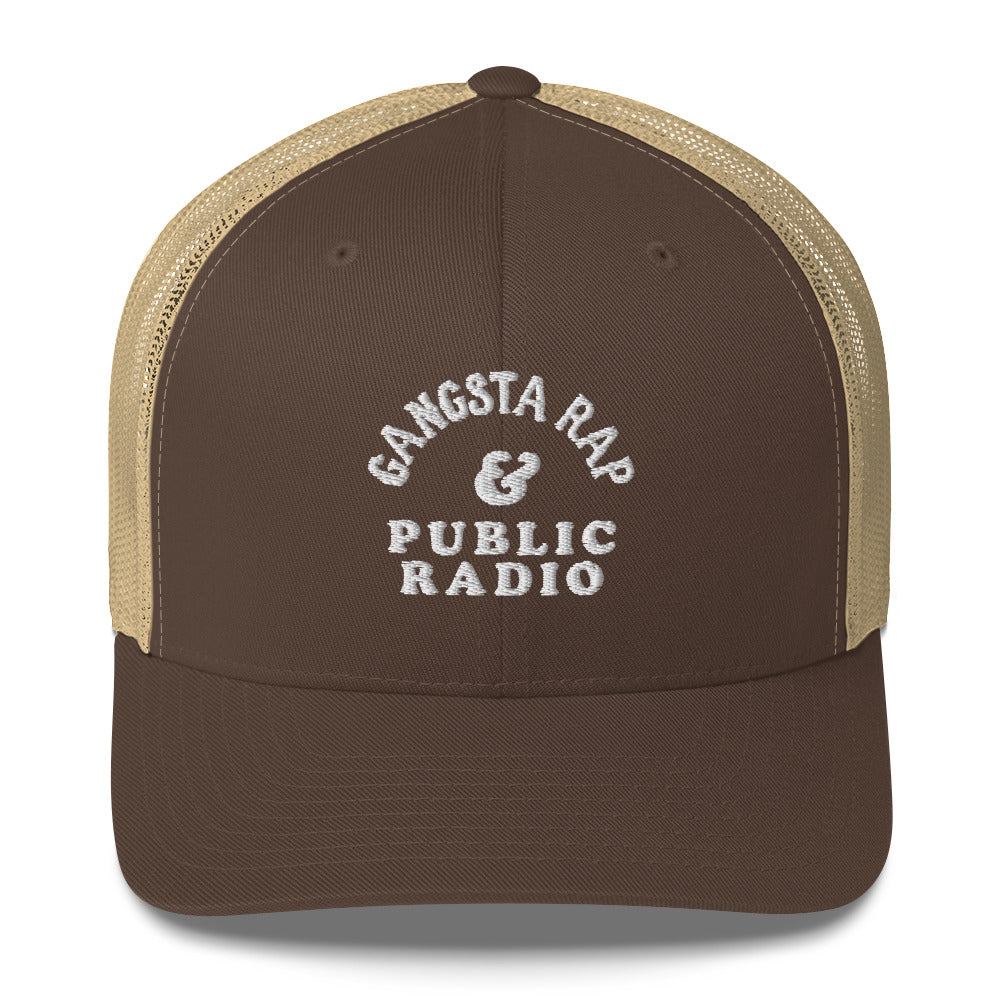 Brown and tan Gangsta Rap & Public Radio Retro Trucker Cap by TheBlackest Co., featuring white embroidered text and tan mesh back.