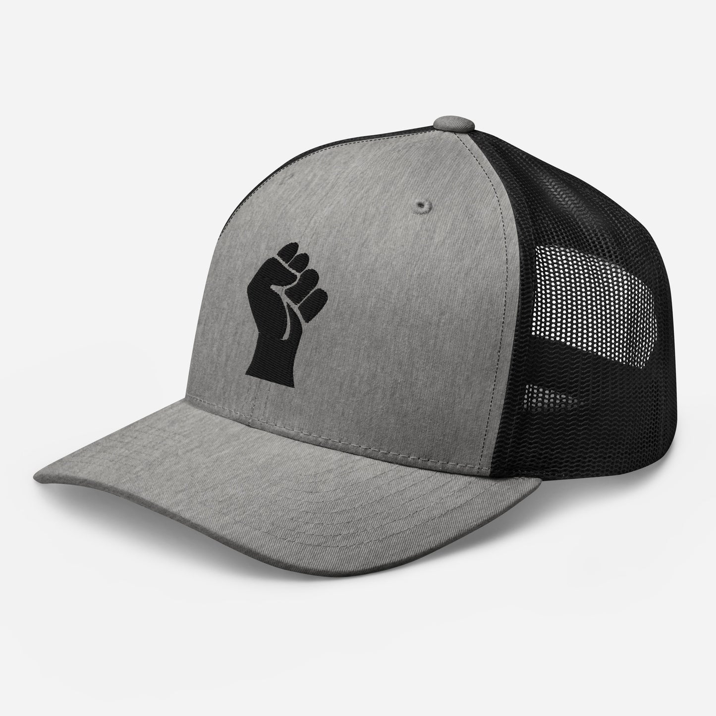 Side view of light gray embroidered Black Power Fist trucker cap
