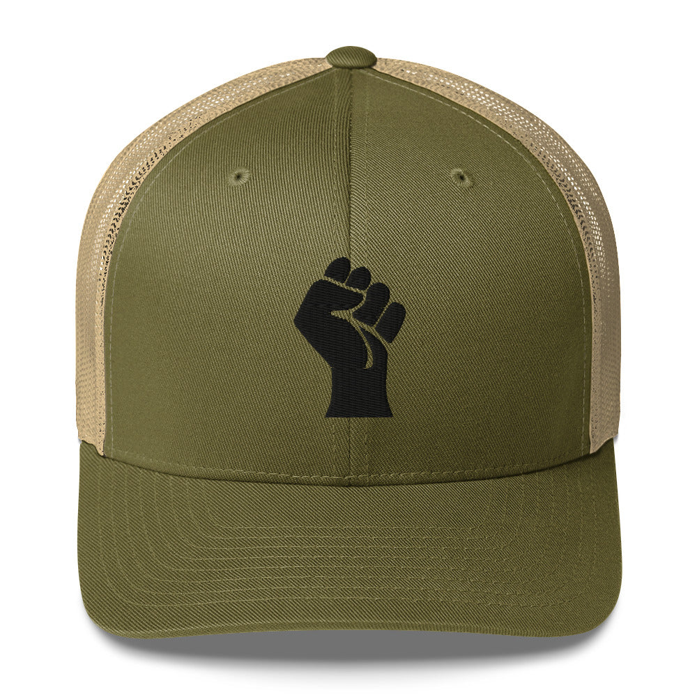 Front view of olive embroidered Black Power Fist trucker cap