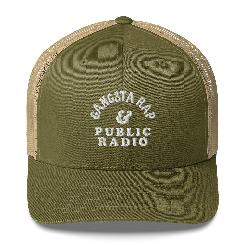 Olive green and tan Gangsta Rap & Public Radio Retro Trucker Cap with white embroidery and breathable mesh back.