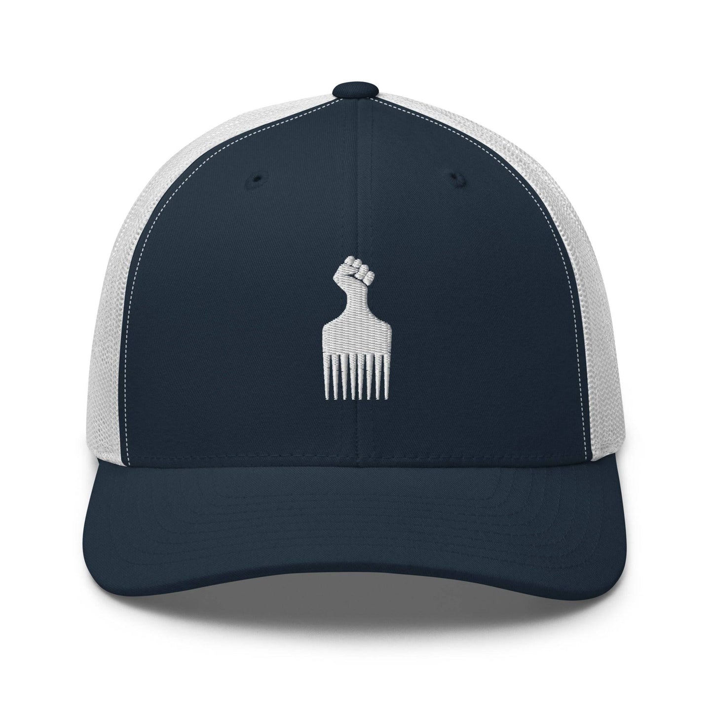 Black Power Fist Retro Trucker Cap with navy front panel