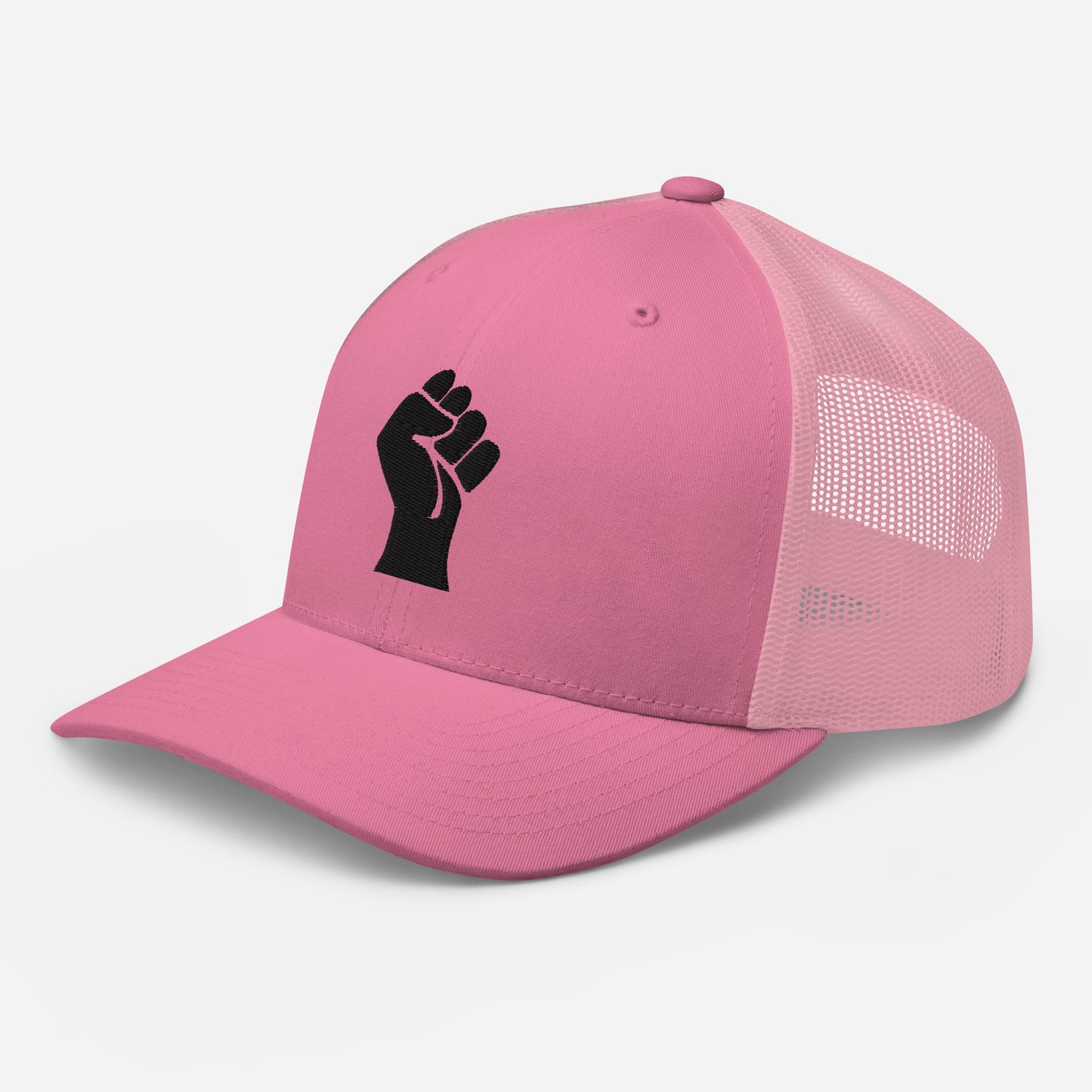 Side view of pink embroidered Black Power Fist trucker cap