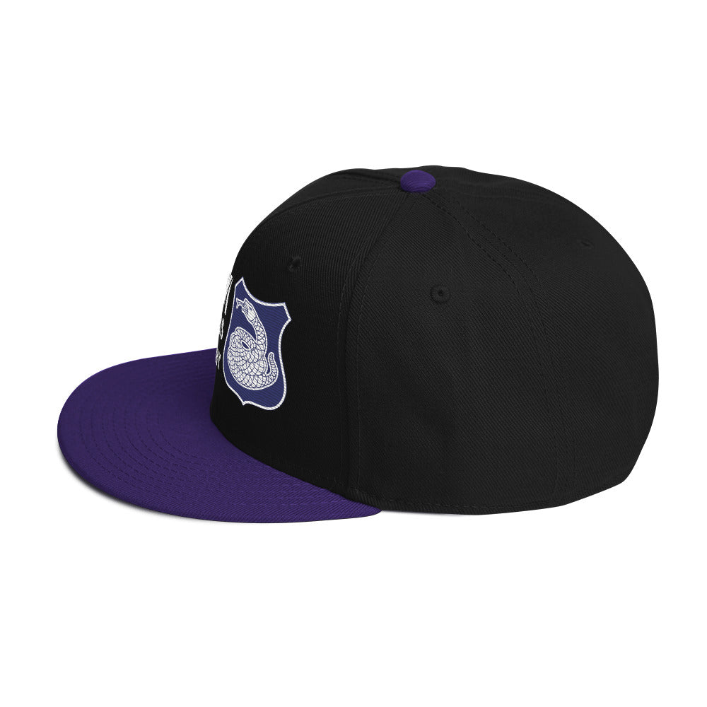 a black and purple hat with a white and purple rattlesnake crest on it with text that reads harlem hellfighters 369th infantry regiment