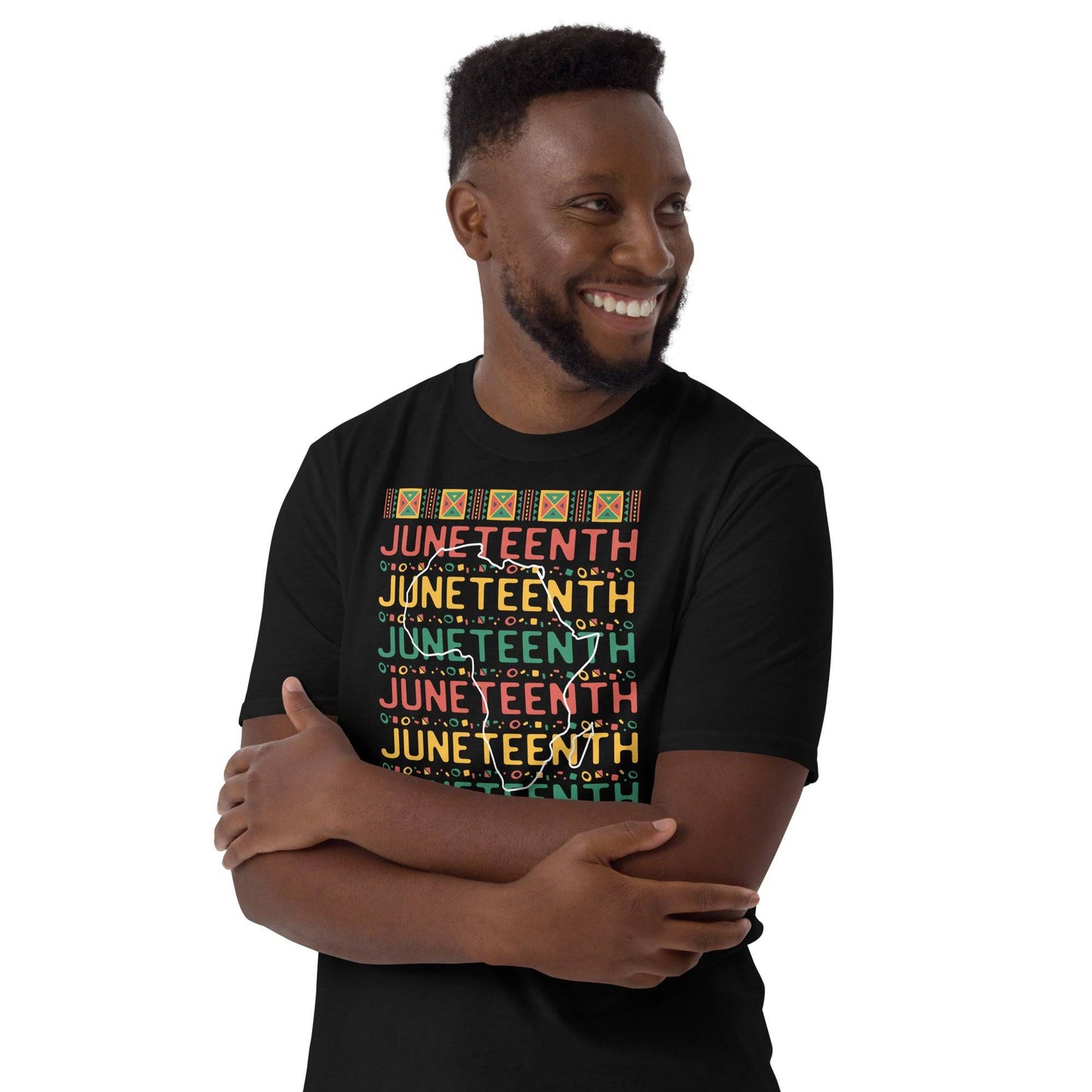 a man wearing a black t - shirt with the words Juneteenth Repeat Established 1865 on it