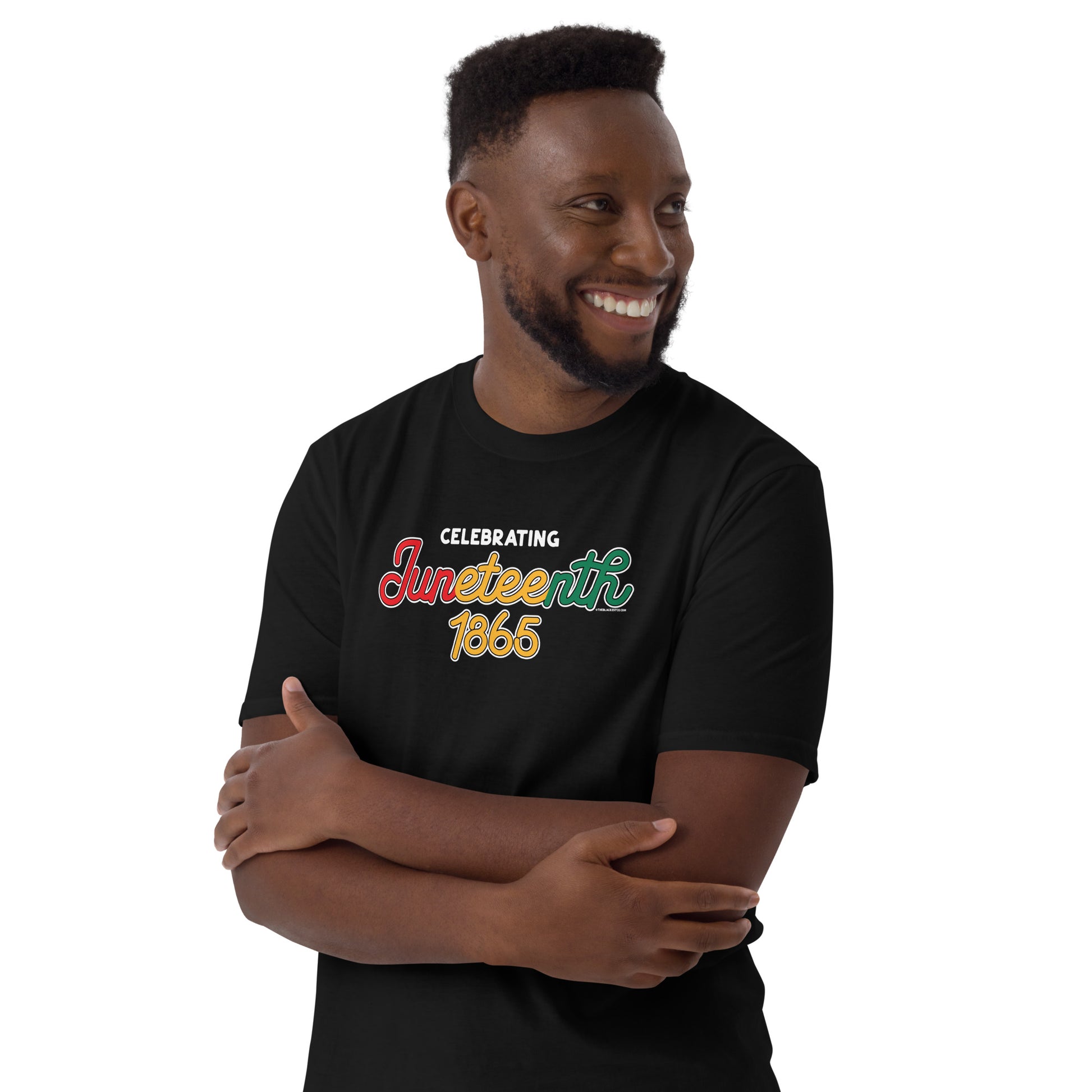 a man with his arms crossed smiling in t - shirt with the words celebrating juneteenth 1865 on it