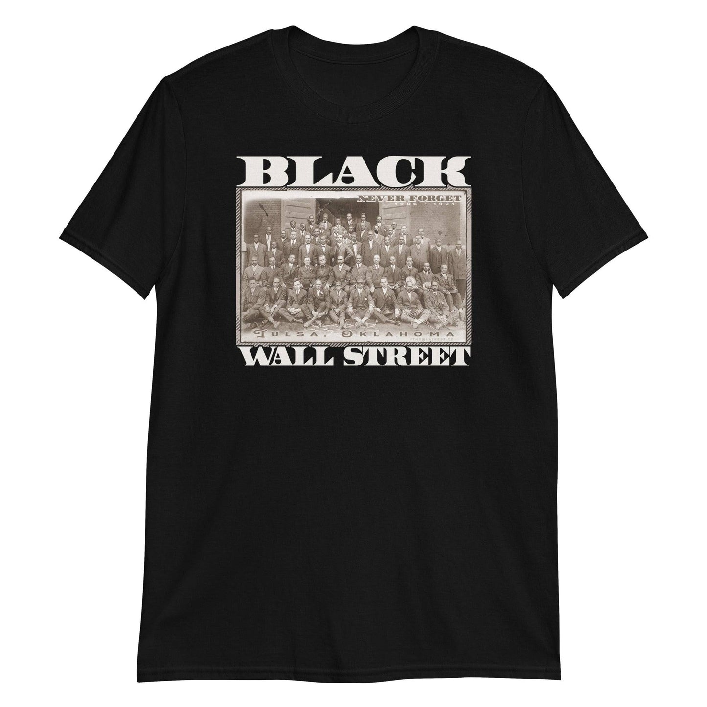 a black t - shirt with a picture of a group of people of black wall street