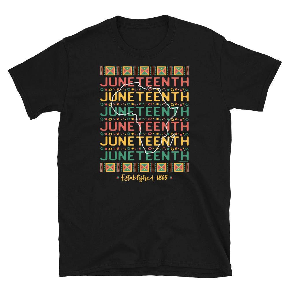 a black t - shirt with the words Juneteenth Repeat Established 1865 on it