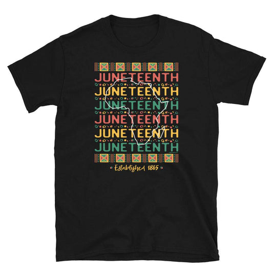a black t - shirt with the words Juneteenth Repeat Established 1865 on it