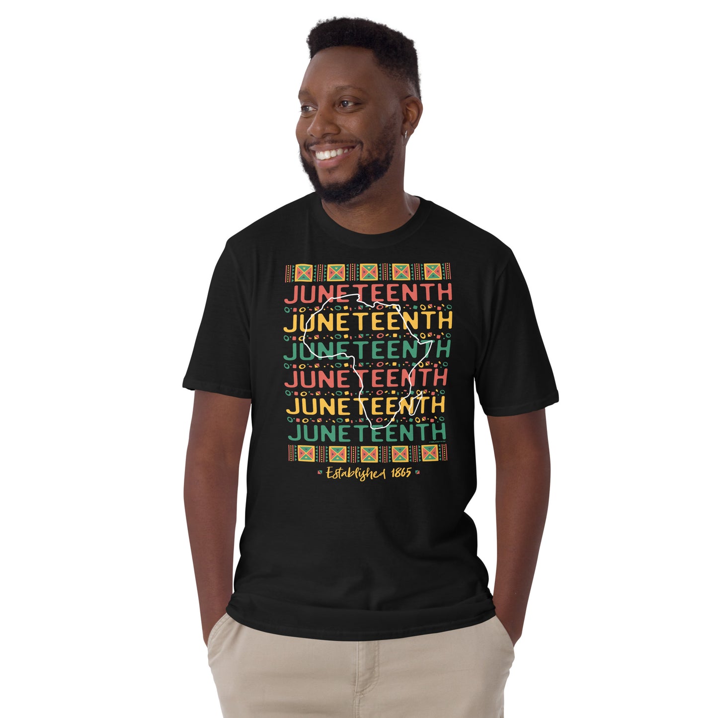 a man wearing a black t - shirt with the words Juneteenth Repeat Established 1865 on it