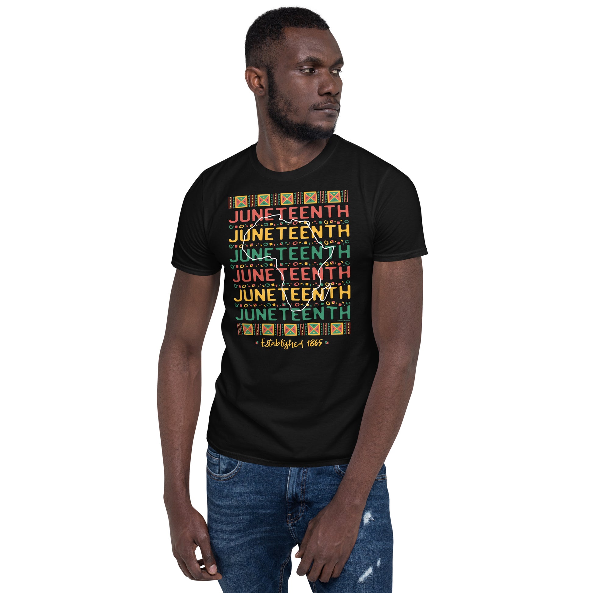 a man wearing a black t - shirt with the words Juneteenth Repeat Established 1865 on it