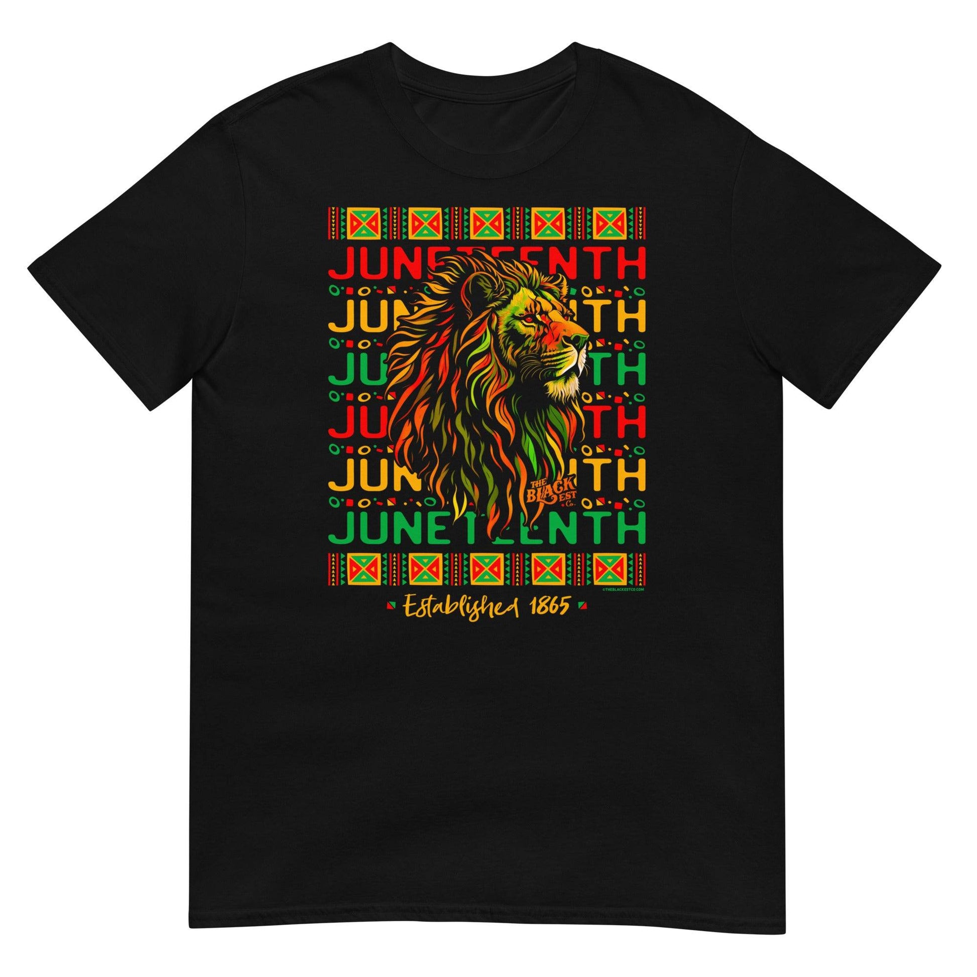 a black t - shirt with a lion over juneteenth text repeating on it