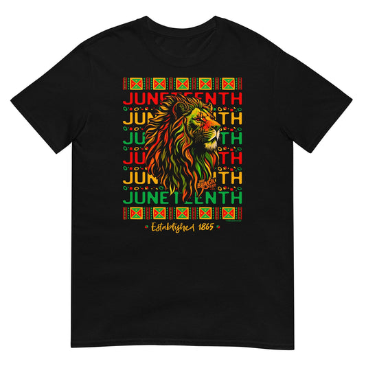 a black t - shirt with a lion over juneteenth text repeating on it