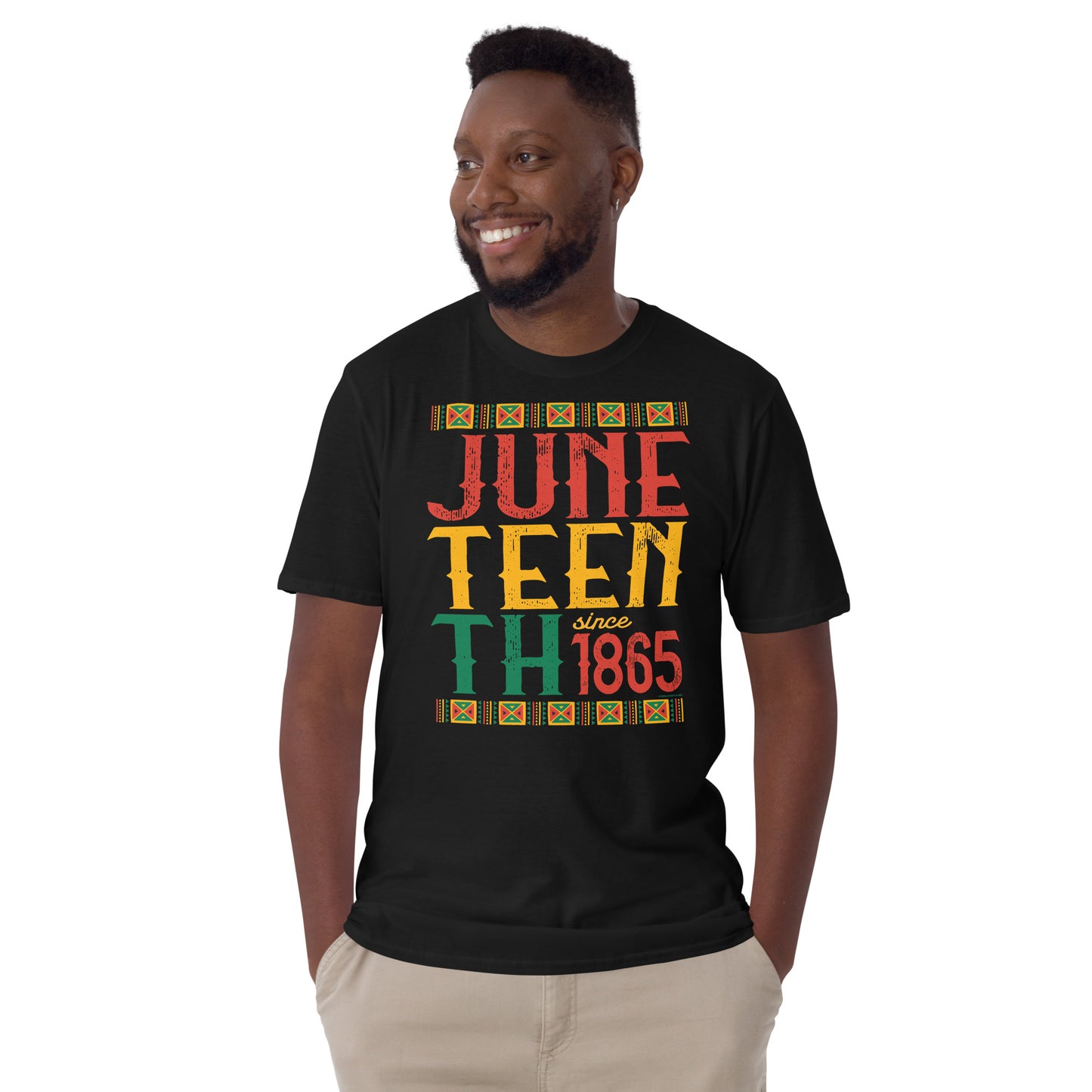 a man wearing a black t - shirt that says juneteenth since 1865