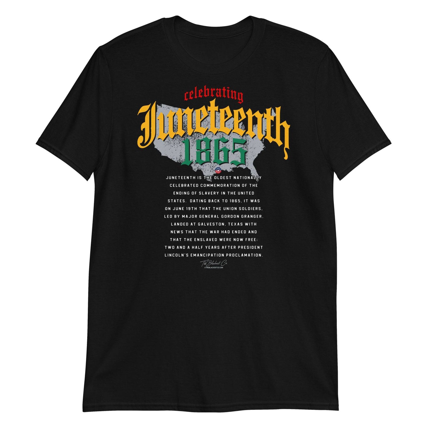 a black t - shirt with an image of a map of the united states and juneteenth on it