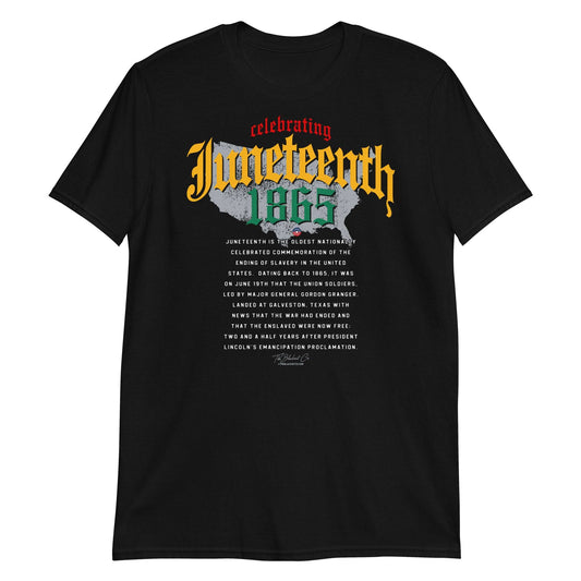 a black t - shirt with an image of a map of the united states and juneteenth on it