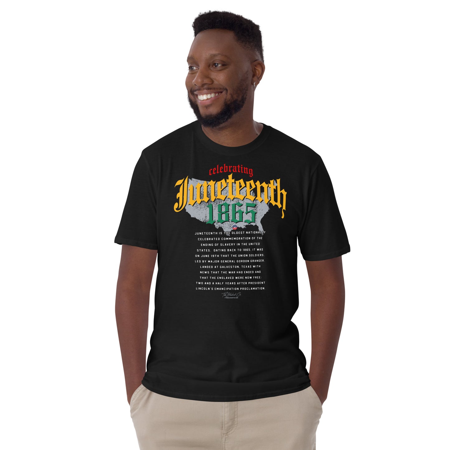 a man wearing a black t - shirt with an image of a map of the united states and juneteenth on it