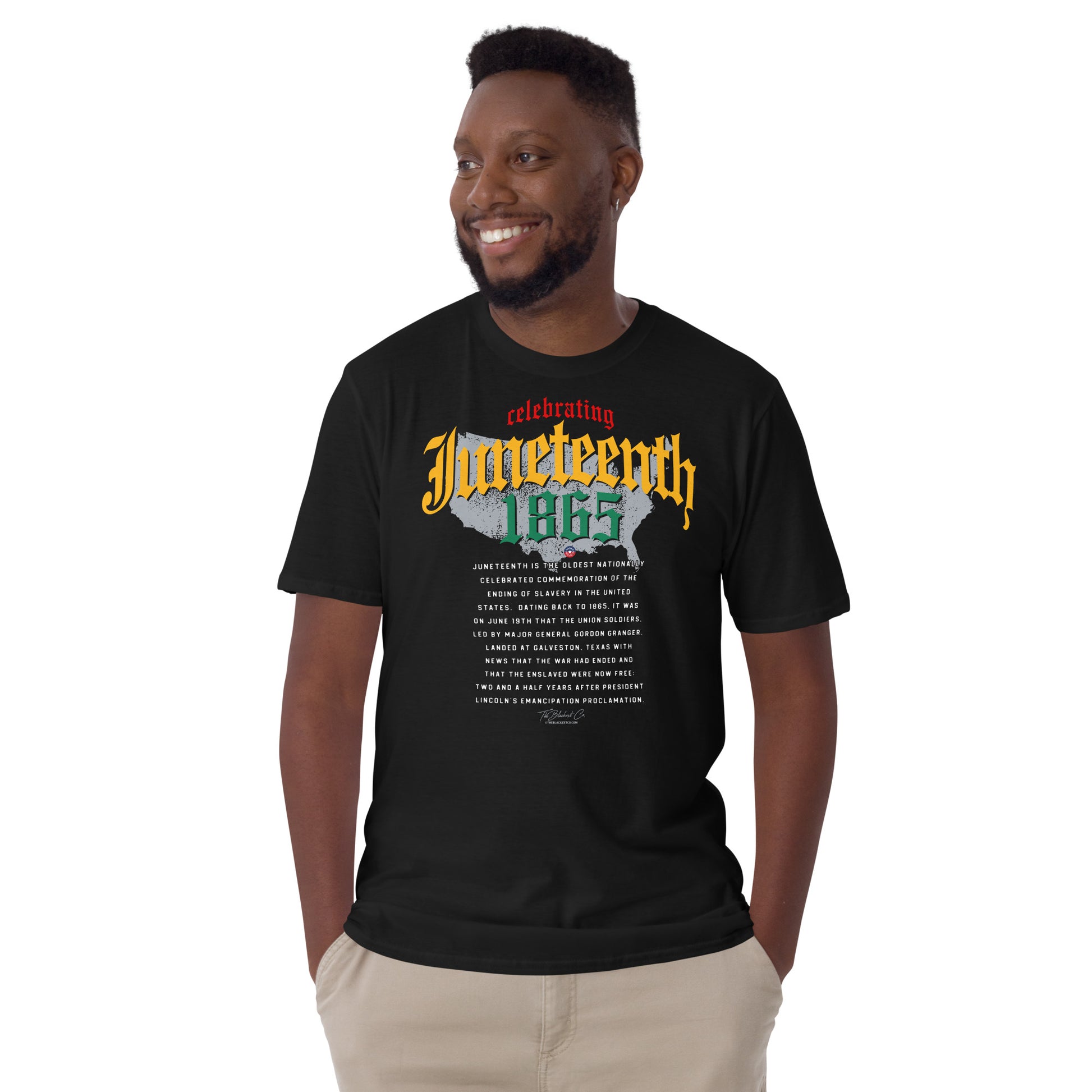 a man wearing a black t - shirt with an image of a map of the united states and juneteenth on it