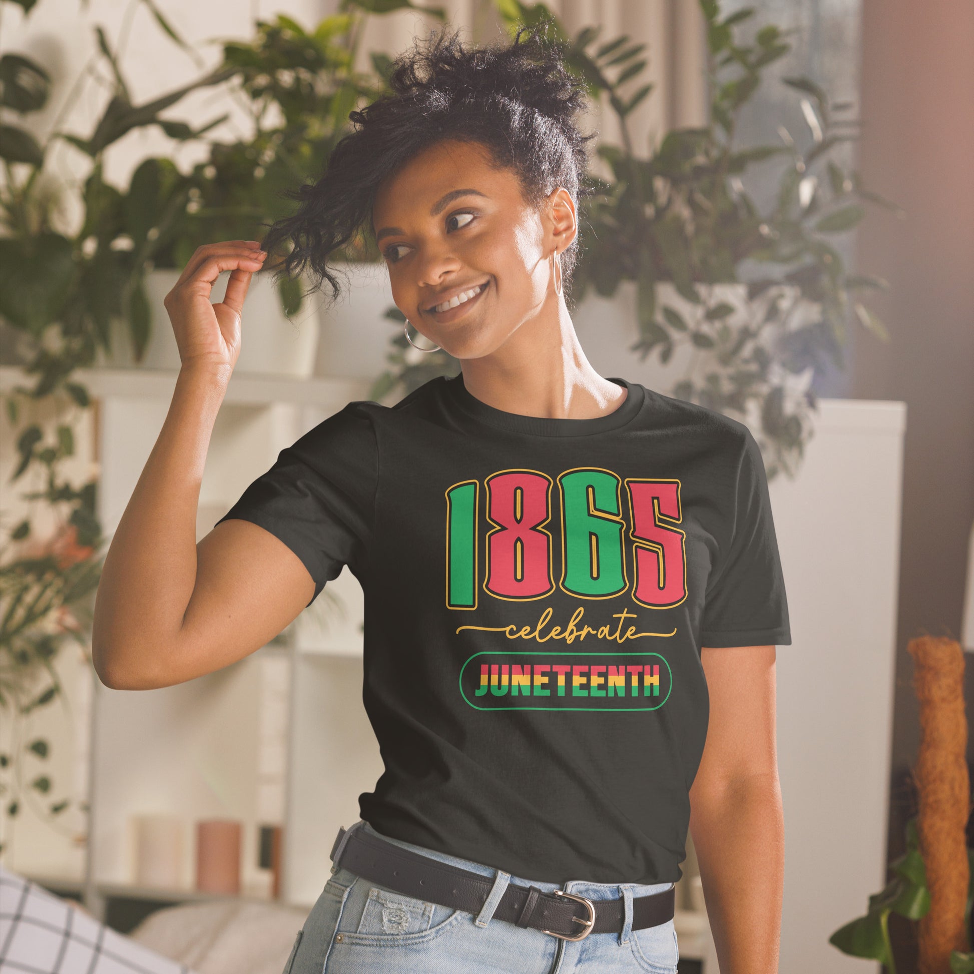 a woman in a black shirt with the words 1865 celebrating juneteenth