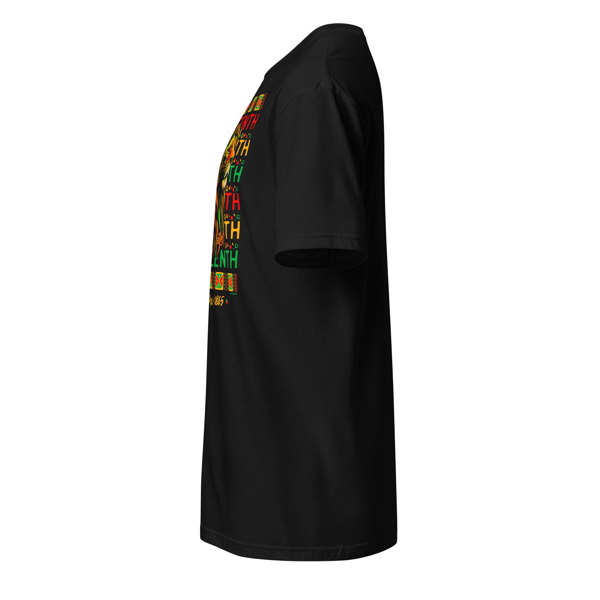 a black t - shirt with a colorful design with a lion over juneteenth text repeating on it