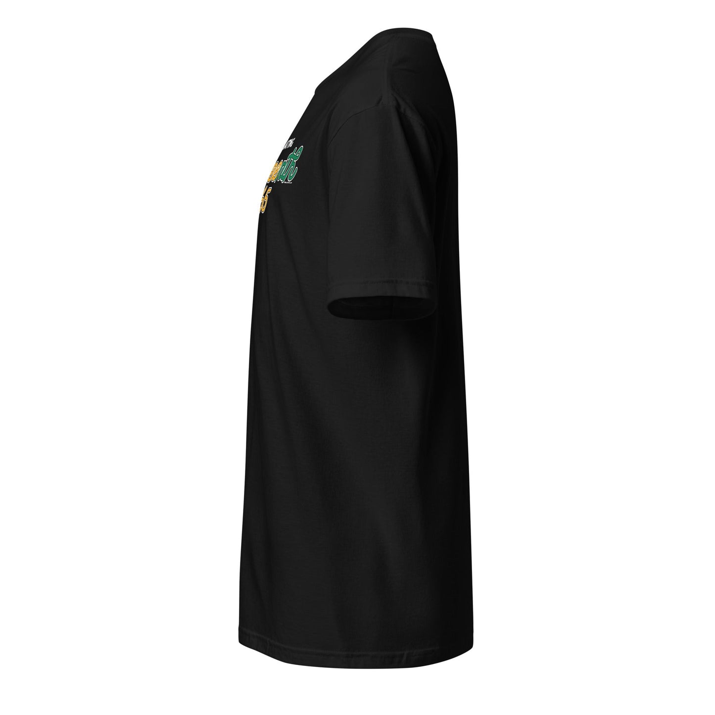 a black shirt with a green and yellow design with the words celebrating juneteenth 1865 on it