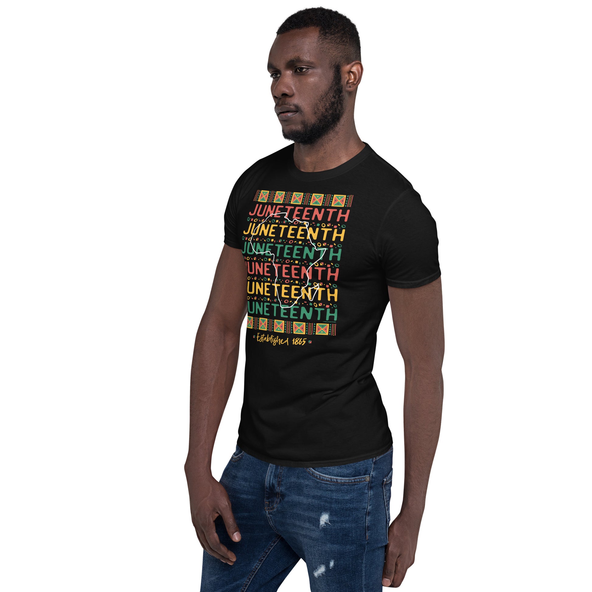 a man wearing a black t - shirt with the words Juneteenth Repeat Established 1865 on it