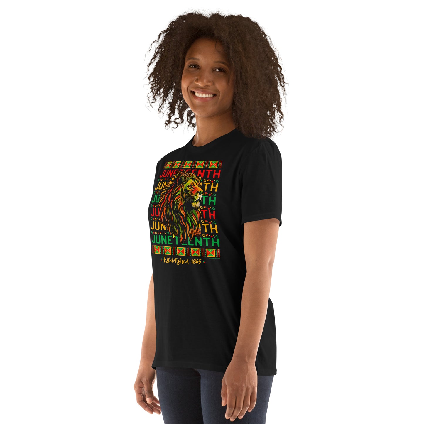 a woman wearing a black t - shirt with a lion over juneteenth text repeating on it
